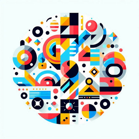Abstract colorful geometric composition with circles, lines and figures. Vector illustration.のイラスト素材