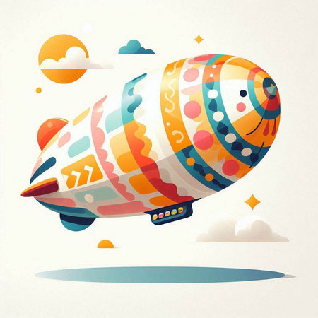 Airship in the sky with clouds and sun. Vector illustration.のイラスト素材