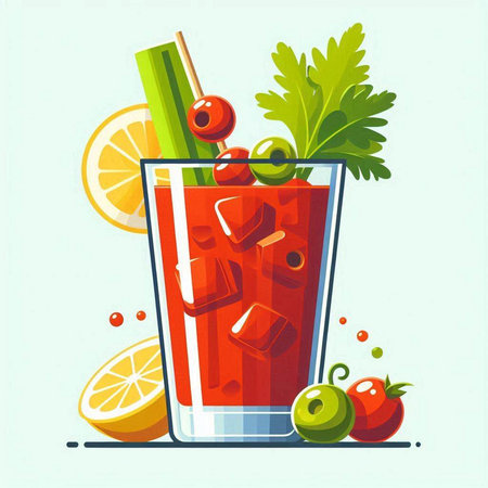 Bloody Mary cocktail with celery, parsley, lime and tomatoes. Vector illustration.のイラスト素材