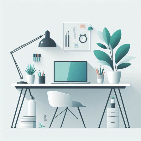 Modern workplace with computer, plant, stationery and accessories. Workplace concept. Vector illustrationのイラスト素材