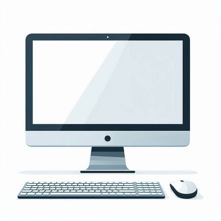 Vector illustration of a computer monitor with keyboard and mouse on white backgroundのイラスト素材