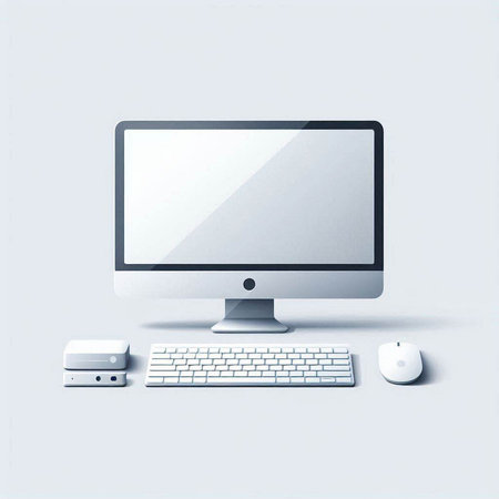 Desktop computer with blank screen, mouse and keyboard. Vector illustration.のイラスト素材