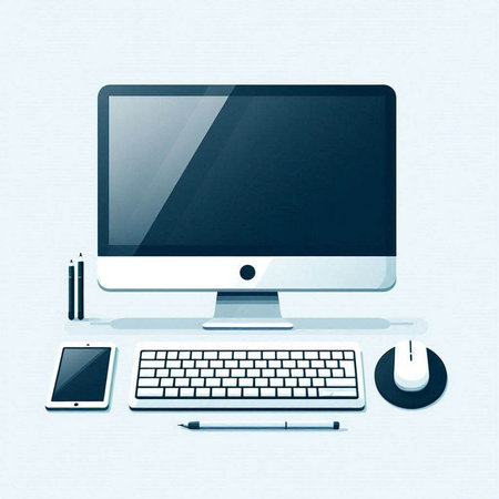 Computer with keyboard, mouse and smartphone on blue background. Vector illustration.のイラスト素材