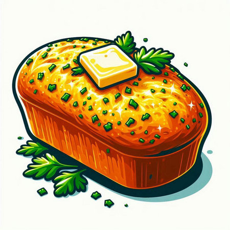 Illustration of a piece of cake with butter and parsley on a white backgroundのイラスト素材