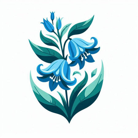 Blue flower with green leaves isolated on white background. Vector illustration.のイラスト素材