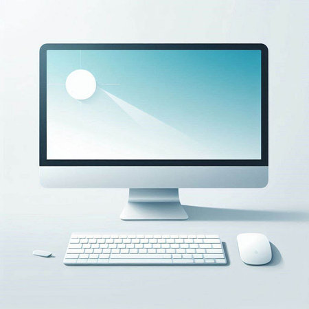 Computer display with white keyboard and mouse on white background, 3d renderのイラスト素材