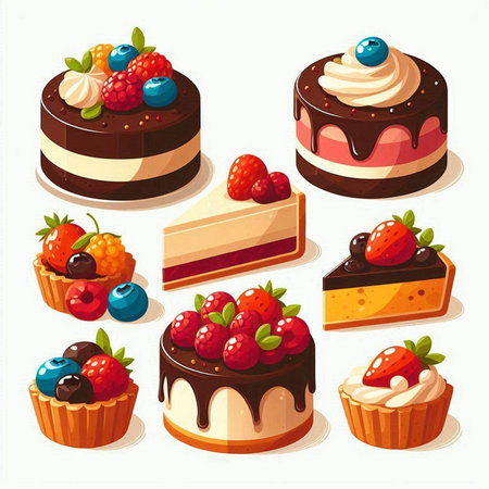 Vector illustration of a set of different cakes with berries and cream.のイラスト素材