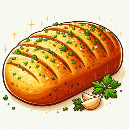 Illustration of a baked loaf of bread with parsley and garlicのイラスト素材