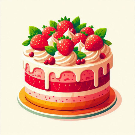 Strawberry cake with cream and fresh berries. Vector illustration.のイラスト素材