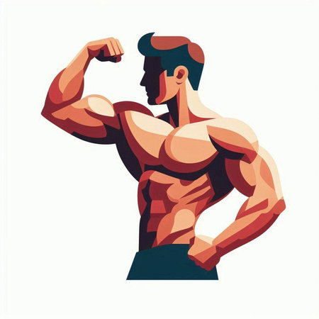 Muscular man flexing muscles. Vector illustration isolated on white background.のイラスト素材