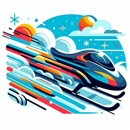 Vector illustration of a flying snowmobile on a background of the night sky.のイラスト素材