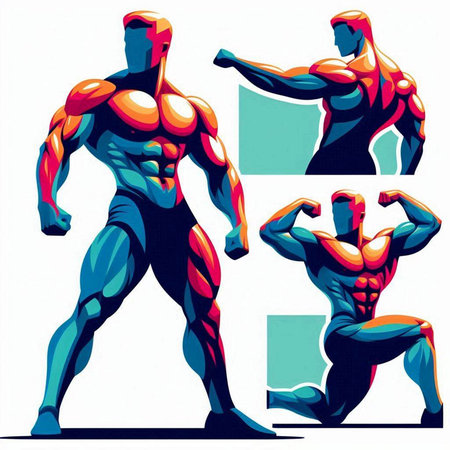 Bodybuilder in different poses and attitudes. Vector illustration for your designのイラスト素材