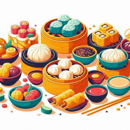 Illustration of a set of Chinese dumplings with different fillingsのイラスト素材