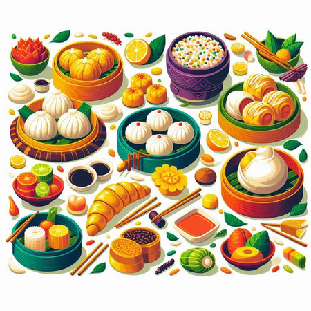 Illustration of a set of chinese food on a white backgroundのイラスト素材