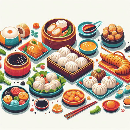 Vector illustration of Chinese cuisine with steamed dumplings, steamed dumplings, ginger, soy sauce, chopsticks, soy sauce, wasabi, ginger, dumplings and other dishes.のイラスト素材
