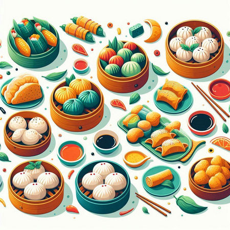 Chinese dim sum in bamboo steamer. Vector illustration in cartoon styleのイラスト素材