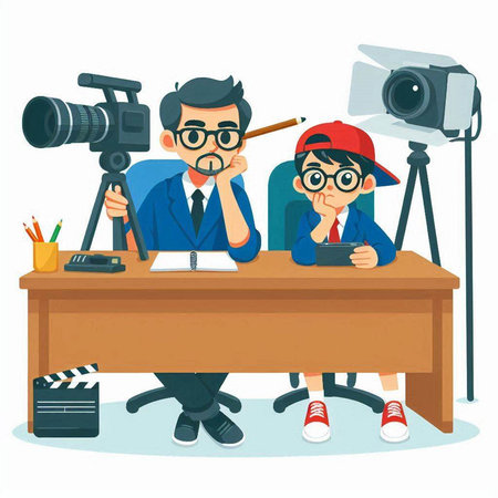 Cameraman and cameraman in office. Vector illustration in cartoon styleのイラスト素材
