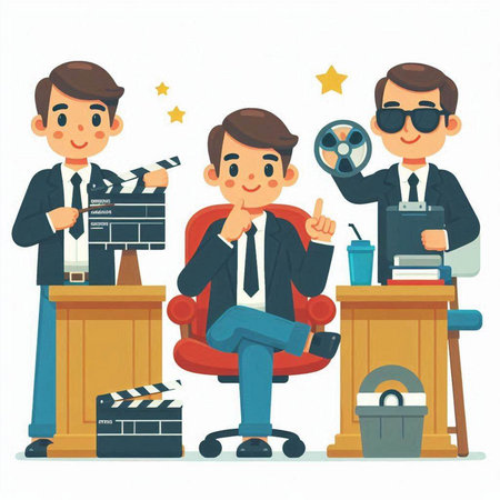 Cinema director and actors. Flat style vector illustration on white background.のイラスト素材