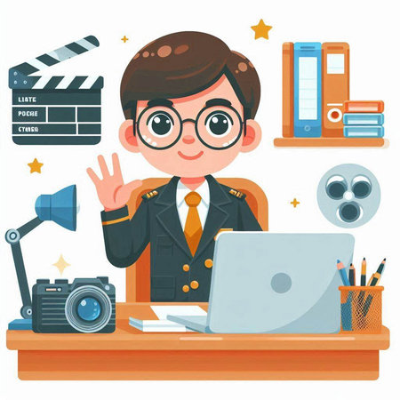 Cute boy with glasses in uniform sitting at the table with a laptop and a video camera. Vector illustration in cartoon style.のイラスト素材