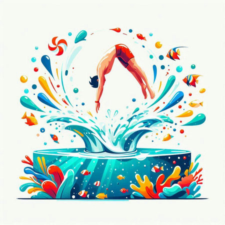 Vector illustration of a girl jumping into the water. Water splash.のイラスト素材