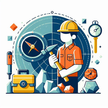 Engineer working on a construction site. Vector illustration in flat styleのイラスト素材