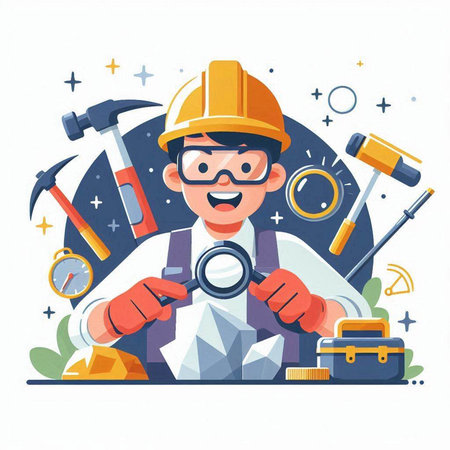Cartoon construction worker with tools. Vector illustration in flat style.のイラスト素材
