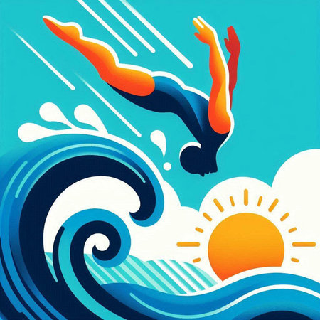Vector illustration of a swimmer jumping into the water with a splash.のイラスト素材