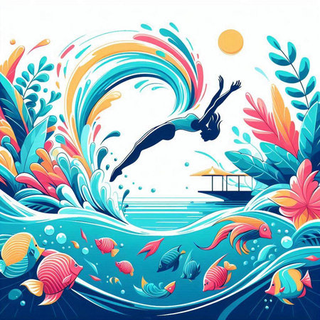 Vector illustration of a girl swimming in the sea with fishes and wavesのイラスト素材