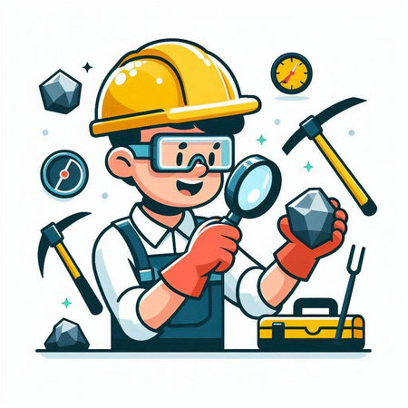 Worker with magnifying glass and tools. Vector illustration in cartoon styleのイラスト素材