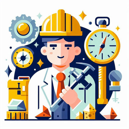 Engineer with tools. Vector illustration in flat cartoon style on white background.のイラスト素材