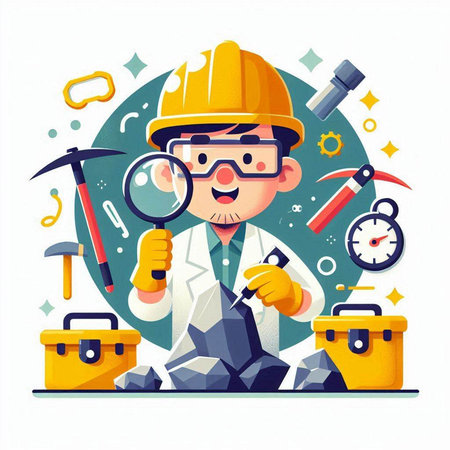 Worker in hardhat with tools. Vector flat cartoon illustration.のイラスト素材