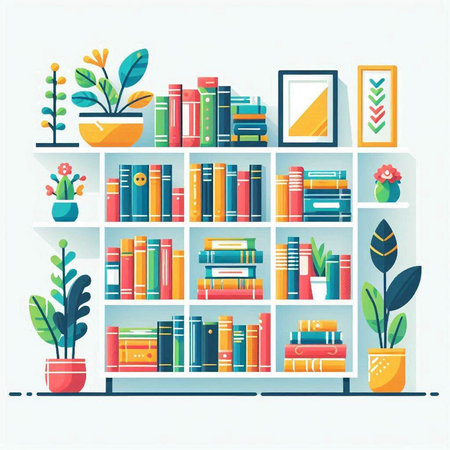 Bookshelves with books and plants. Vector illustration in flat styleのイラスト素材