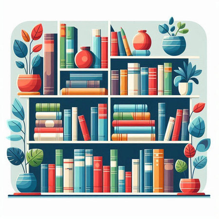 Bookshelf with books and plants. Flat style vector illustration.のイラスト素材