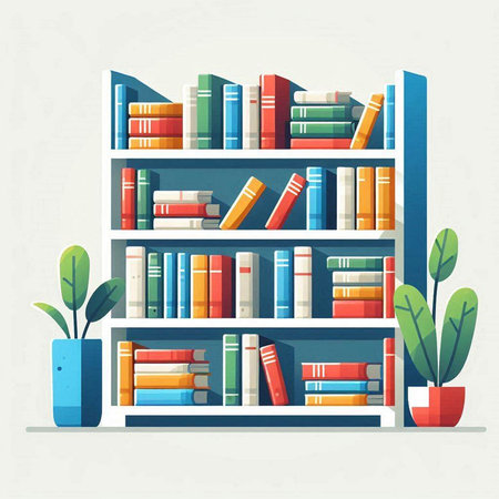 Bookshelves with books and plants. Flat design vector illustration.のイラスト素材