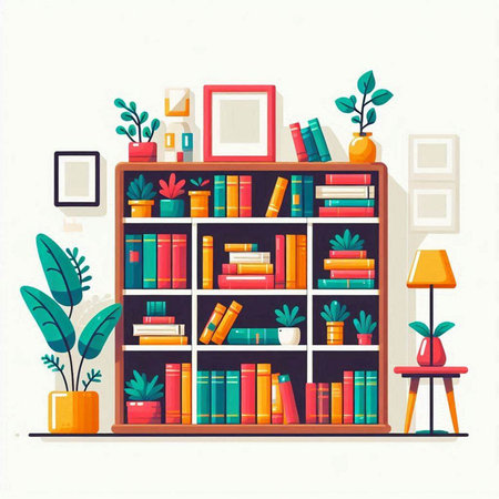 Bookshelf with books and plants. Vector illustration in flat styleのイラスト素材