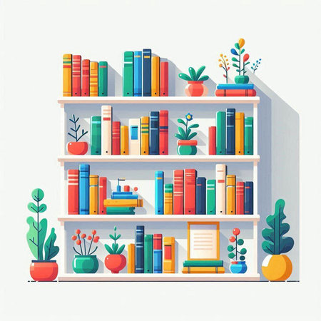 Bookshelf with books and plants. Vector illustration in flat styleのイラスト素材