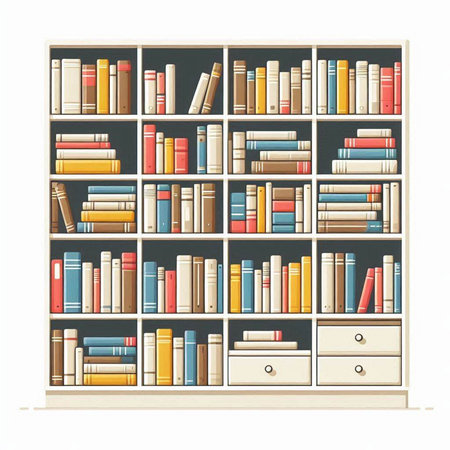 Bookshelves isolated on white background. Vector illustration in retro style.のイラスト素材