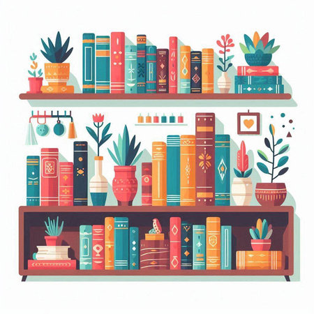 Bookshelf with books and succulents. Vector illustration.のイラスト素材