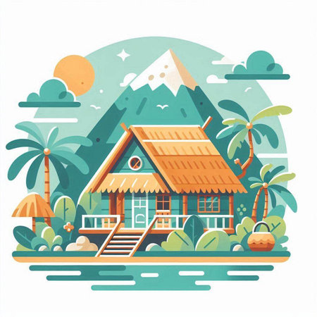 Vector illustration with bungalows on the beach. Flat style.のイラスト素材