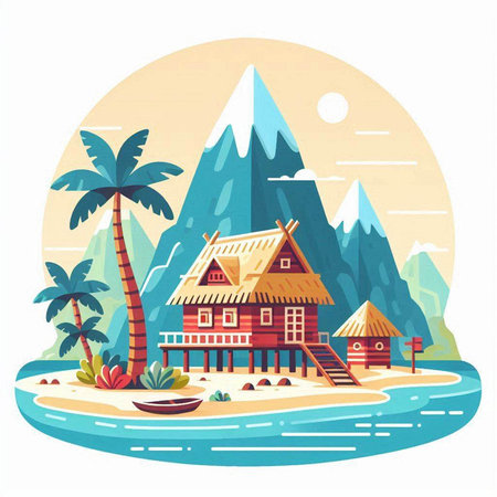 Cottage on the beach. Vector illustration in flat style design.のイラスト素材