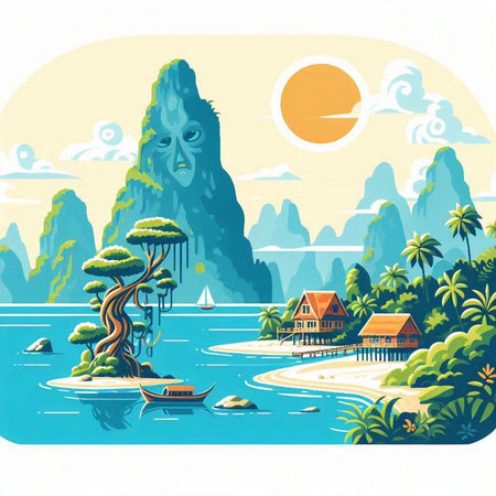 Tropical island with a house on the beach. Vector illustrationのイラスト素材
