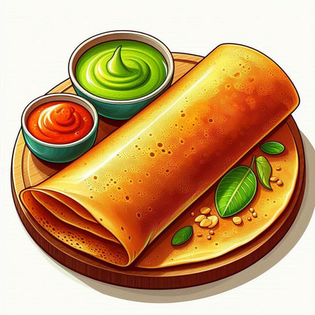 Vector illustration of a roll of pancakes with green and red sauce.のイラスト素材