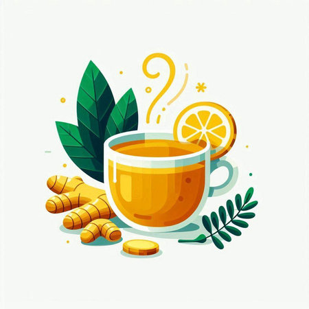 Glass of turmeric smoothie with turmeric root, vector illustrationのイラスト素材