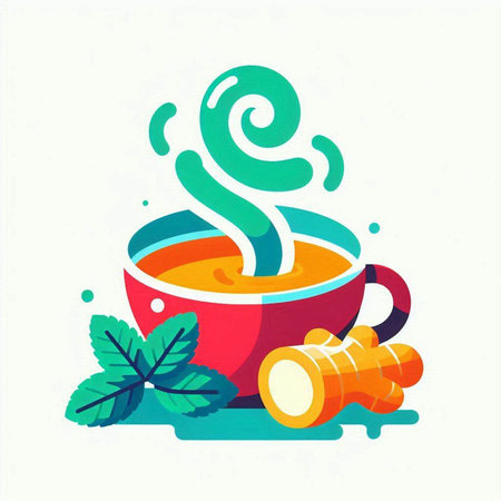 Cup of tea with mint leaves. Colorful vector illustration.のイラスト素材
