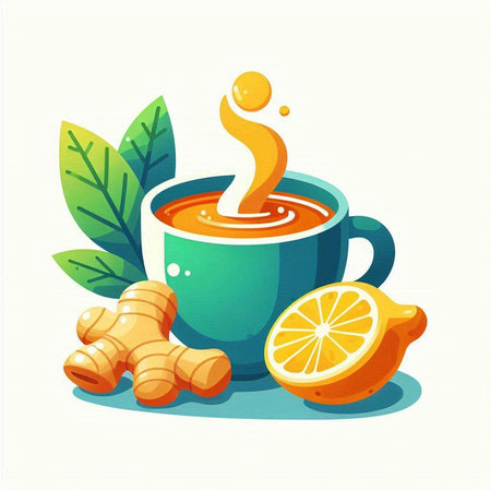 Cup of tea with lemon, ginger and mint. Vector illustration.のイラスト素材