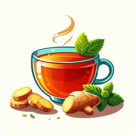 Cup of tea with turmeric and mint leaves. Vector illustration.のイラスト素材