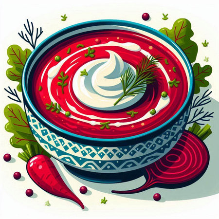 Beetroot soup with sour cream in bowl. Vector illustration.のイラスト素材