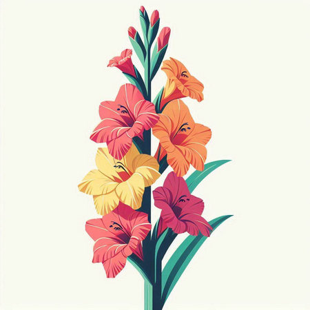 Vector illustration of gladiolus flowers in retro style. Floral background.のイラスト素材
