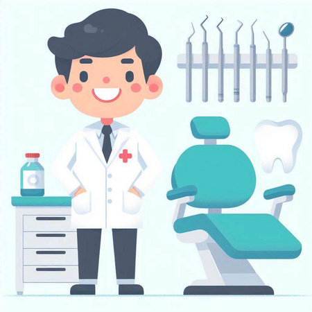 Dentist and dental chair in dental clinic. Vector illustration.のイラスト素材