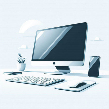 Computer screen on the table with keyboard and mouse, vector illustration.のイラスト素材
